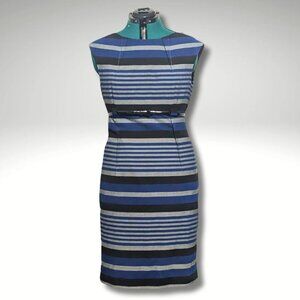 Calvin Klein Cap Sleeve Striped Belted Sheath Dress sz 12